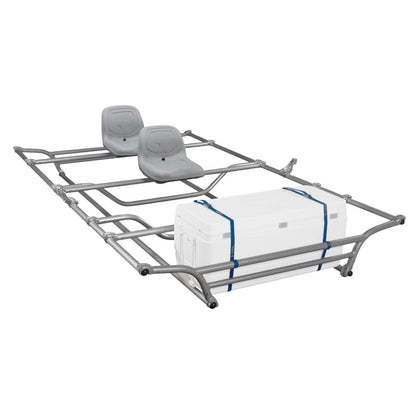 Constructed from hot-forged aluminum alloy, the NRS Fat Cat Frame is a sturdy structure featuring two High-Back Drain-Hole Seats and a strapped cooler box, ideal for outdoor excursions.