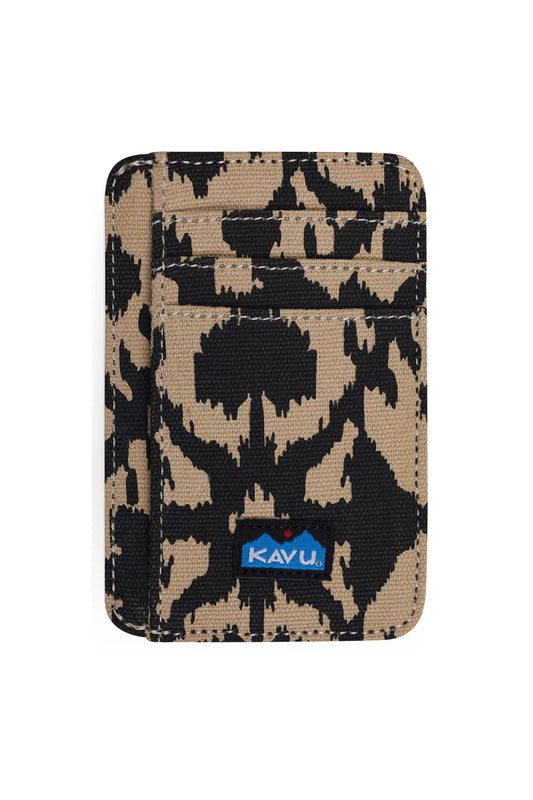 The KAVU Fairbanks is a slim beige and black cotton canvas card wallet featuring a bold abstract pattern and blue KAVU logo patch, ideal for anyone seeking a minimalist style.