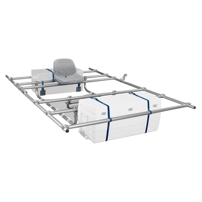 The Universal Cat Frame by NRS features a metal frame with two large white coolers, one expertly mounted with a grey seat. With clean lines and functional design, it embodies the simplicity and versatility similar to an NRS frame system.
