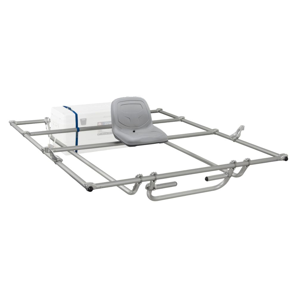 The NRS Sport Cat Frame is a durable cataraft frame with a sleek metal design, featuring a grey seat and a white cooler secured by a blue strap, ideal for adventures on the NRS Sport Cat or AIRE Wave Destroyer.