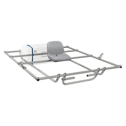 The NRS Sport Cat Frame is a durable cataraft frame with a sleek metal design, featuring a grey seat and a white cooler secured by a blue strap, ideal for adventures on the NRS Sport Cat or AIRE Wave Destroyer.