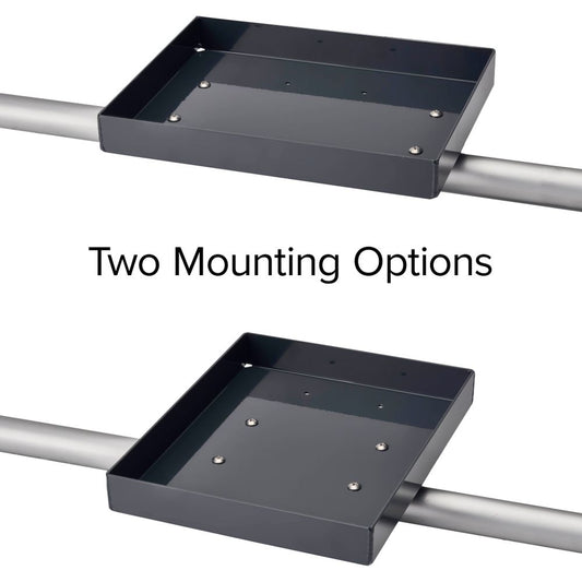 The NRS Rafting Seat Bar Tray is shown mounted in two ways on horizontal bars, displaying its versatile mounting options. Text reads "Two Mounting Options." A practical addition to your NRS frame accessories.