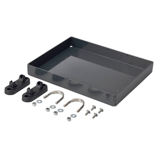 The NRS Rafting Seat Bar Tray comes with two black plastic brackets, two U-bolts, four nuts, two washers, and four screws. Compatible with NRS frame pipes—a perfect storage solution for your raft. Shown arranged on a white background.