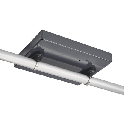 The NRS Rafting Seat Bar Tray, a gray rectangular metal box, is mounted above a white pipe with two black brackets and metal straps for practical raft storage.