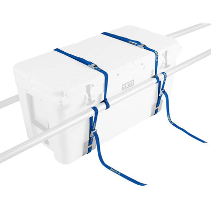 The white Cooler Mount, secured with blue ties onto aluminum support poles, displays the NRS brand partially visible.
