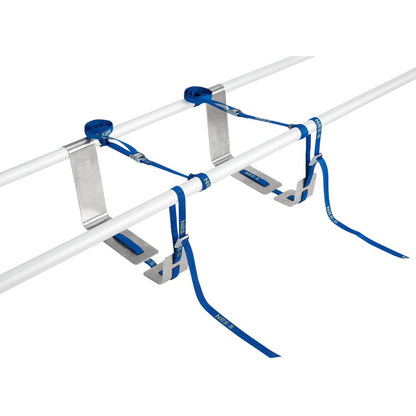 The NRS Cooler Mount is a white roof rack system with blue straps and metal clamps, designed to secure cargo. It features an aluminum support structure, ideal for keeping your gear safe on the go.