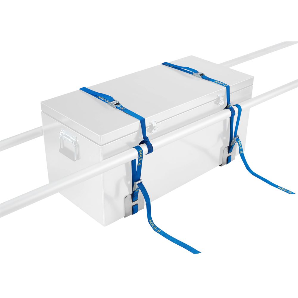 The NRS Adjustable Drybox Mount secures a white toolbox to two parallel white bars using durable aluminum L-brackets and NRS Loop Straps for added stability.