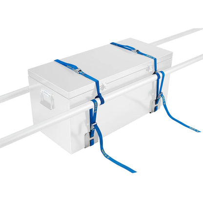 The NRS Adjustable Drybox Mount secures a white toolbox to two parallel white bars using durable aluminum L-brackets and NRS Loop Straps for added stability.