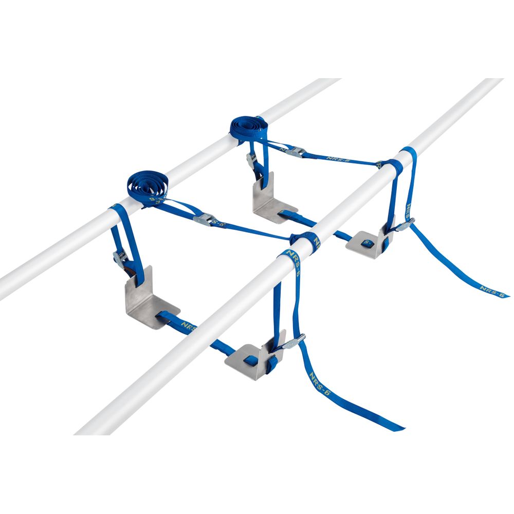 NRS Adjustable Drybox Mount features a blue and silver rail attachment system with NRS Loop Straps and metal brackets, secured to two parallel white bars.