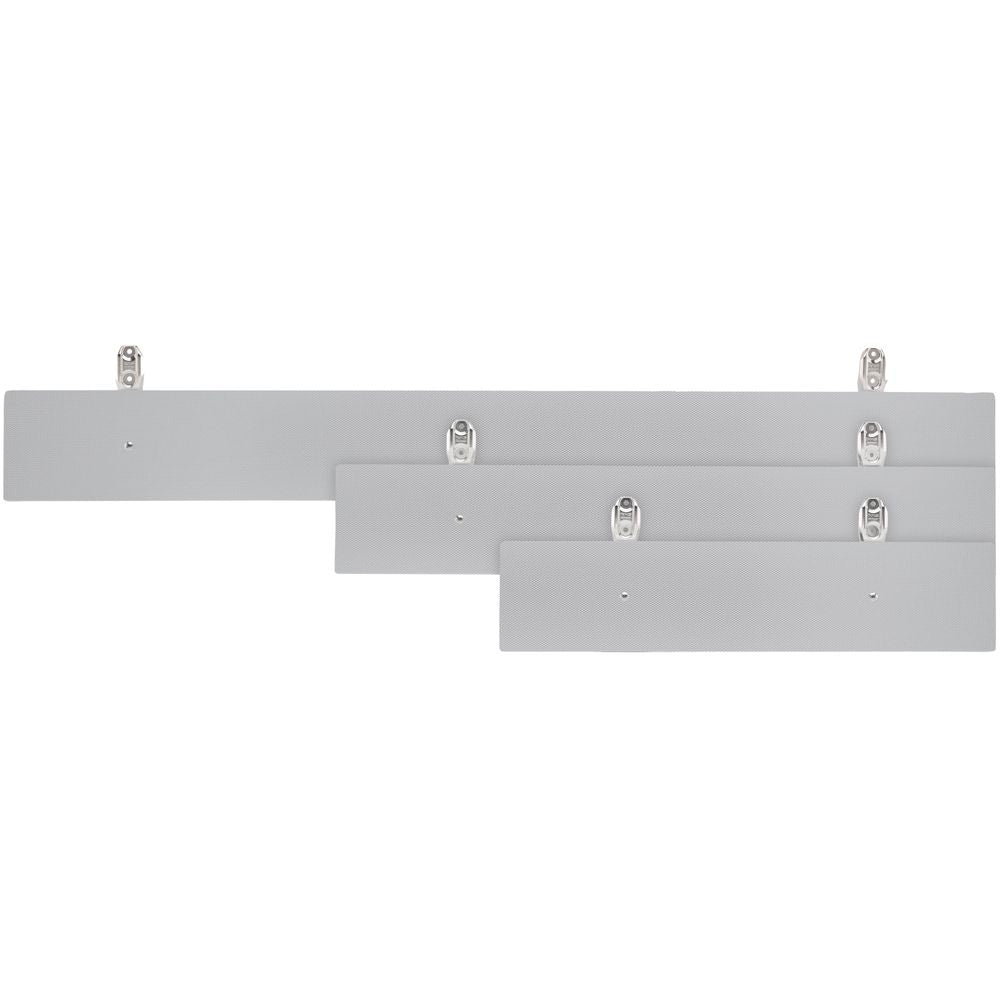 Three gray NRS Frame Side Rail Racks Decking Platforms, aligned vertically on a white background, each featuring a single hook and rectangular backplate resembling aluminum pegs, add an industrial touch to any space.
