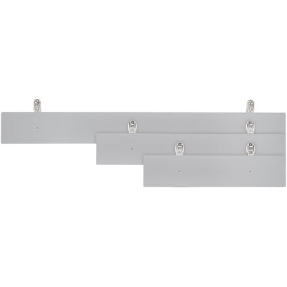 Three gray NRS Frame Side Rail Racks Decking Platforms, aligned vertically on a white background, each featuring a single hook and rectangular backplate resembling aluminum pegs, add an industrial touch to any space.