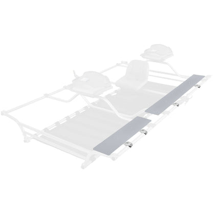 The NRS Frame Side Rail Racks Decking Platform is a metal frame structure with aluminum pegs and two foot bars, featuring oar mounts and HDPE decking, designed for securing to a raft.