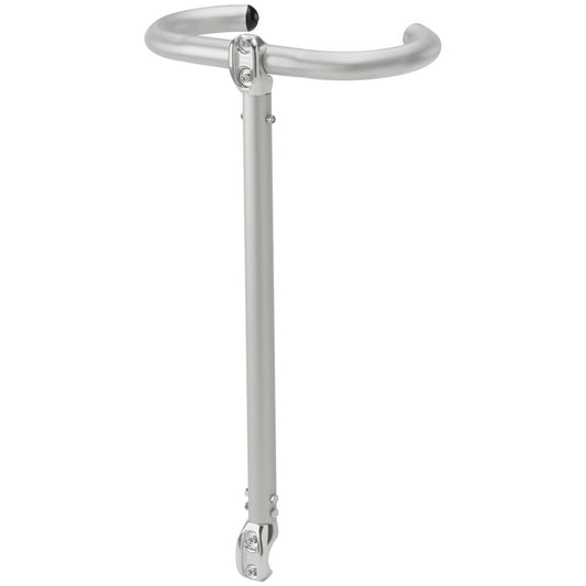 The NRS Frame Front Thigh Hook is displayed against a plain white background. It's a silver vertical handrail with a curved top, LoPro fittings for stability, and attachment brackets.