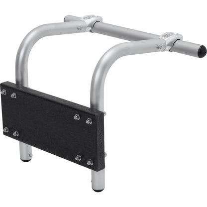 The NRS Raft Frame Motor Mount features a silver metal swing seat with a black footrest platform, sturdy mounting brackets, and an outboard motor attachment for enhanced versatility.