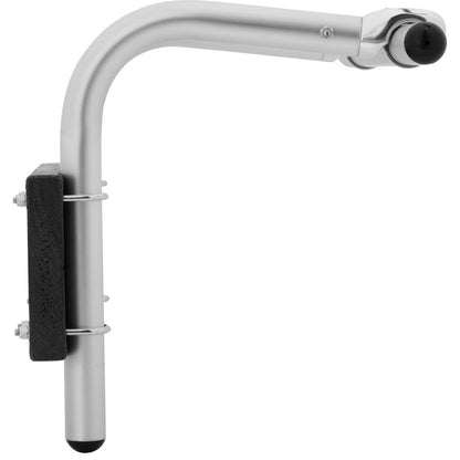 The NRS Raft Frame Motor Mount features a silver metal hook, black accents, and a mounting bracket to securely attach your outboard motor. Set against a white background, this essential piece ensures stability and reliability on the water.