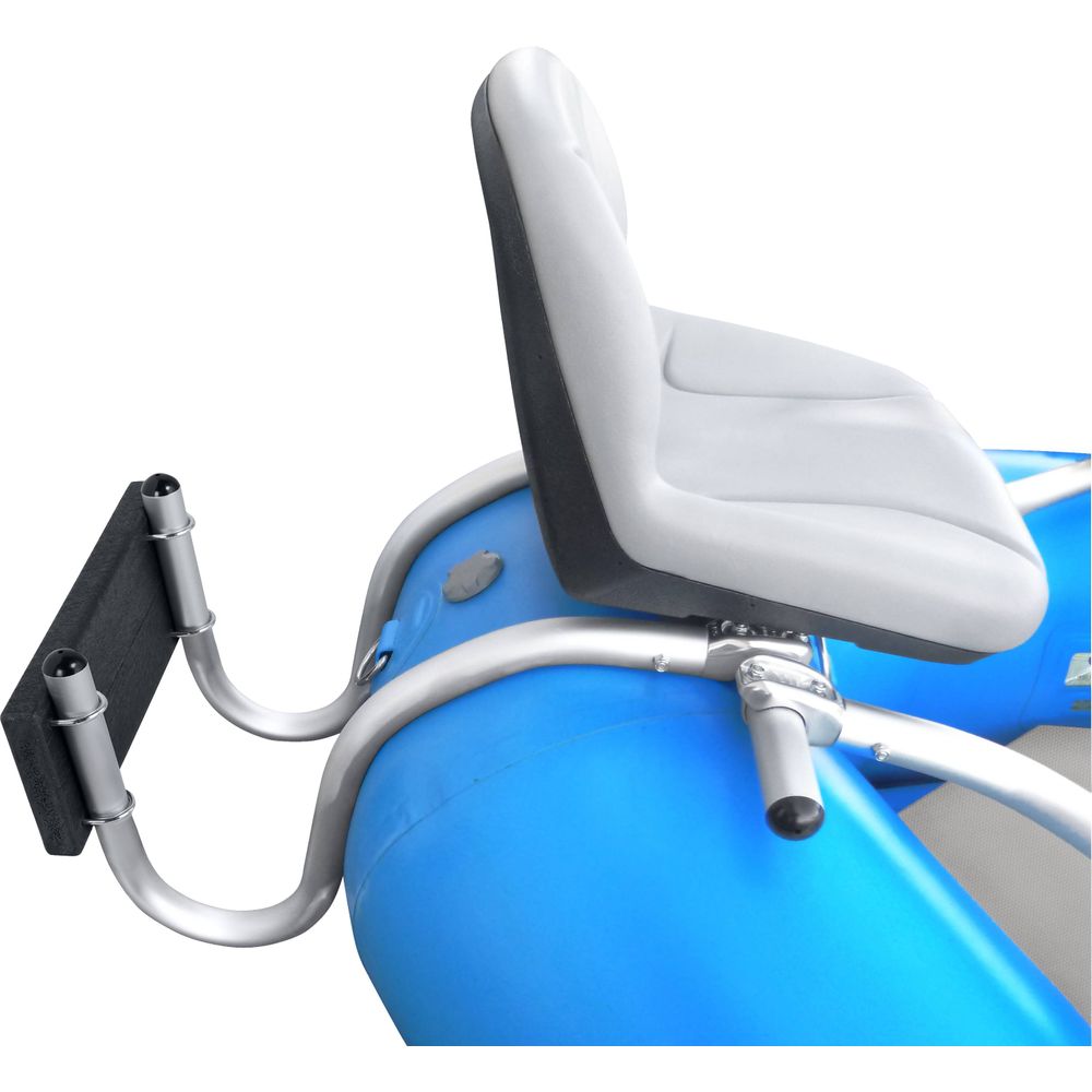 A blue and gray inflatable boat seat with an aluminum frame, black padding, two cup holders, a horizontal attachment bar, and an optional stern mount for easy integration with the NRS U-Style Raft Motor Mount.