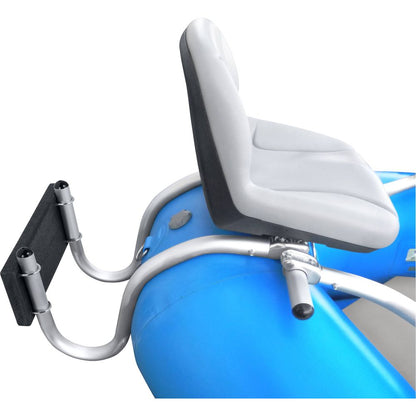 A blue and gray inflatable boat seat with an aluminum frame, black padding, two cup holders, a horizontal attachment bar, and an optional stern mount for easy integration with the NRS U-Style Raft Motor Mount.