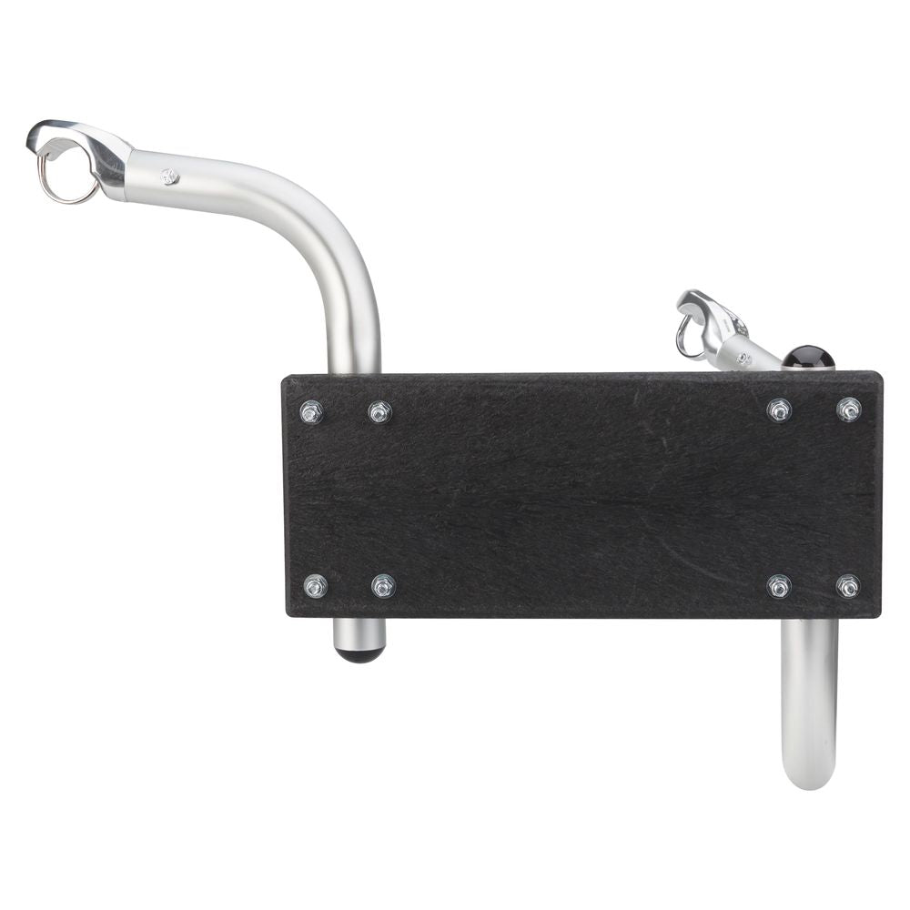 The NRS Slipstream Motor Mount is a wall-mounted black and silver rack with two metal hooks and a sturdy rectangular platform, designed to support bikes like a fishing boat motor mount.