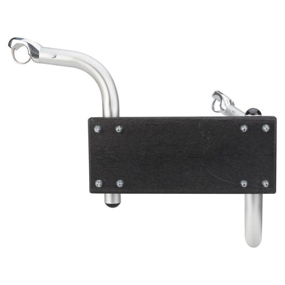 The NRS Slipstream Motor Mount is a wall-mounted black and silver rack with two metal hooks and a sturdy rectangular platform, designed to support bikes like a fishing boat motor mount.