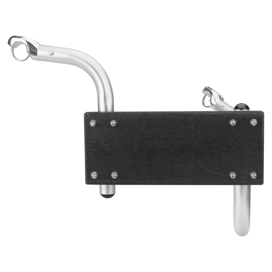 The NRS Slipstream Motor Mount is a wall-mounted black and silver rack with two metal hooks and a sturdy rectangular platform, designed to support bikes like a fishing boat motor mount.