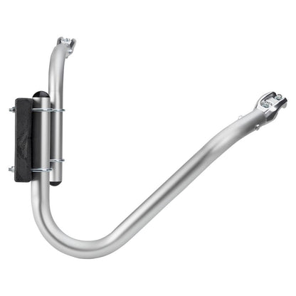 The NRS Slipstream Motor Mount is a silver metal guide-on with a curved arm, black rubber pad, and mounting brackets that helps with boat loading and alignment—perfect for pairing with fishing boats.