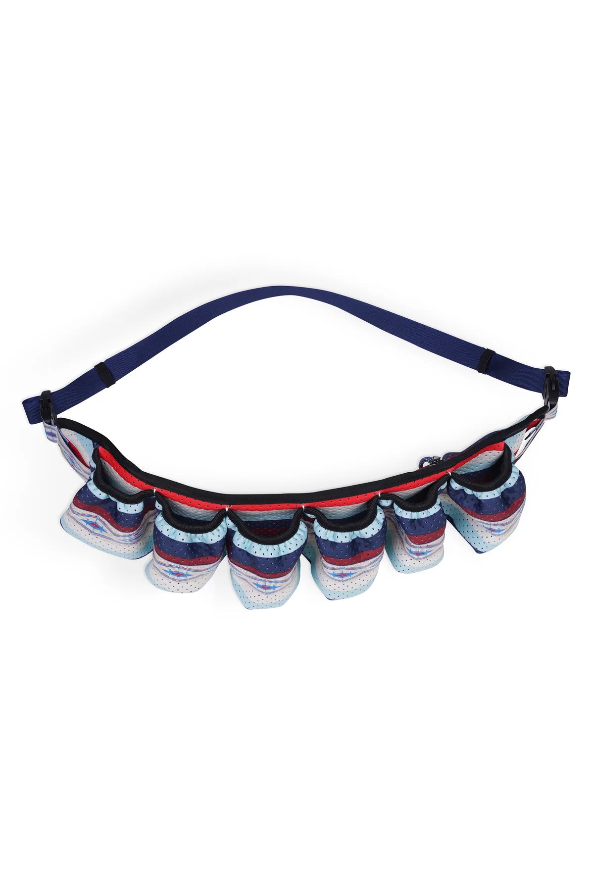 The Kavu Beer Buddy by Kavu is a blue adjustable belt with colorful, padded, insulated beer carrier pouches featuring zipper closures attached along its length.