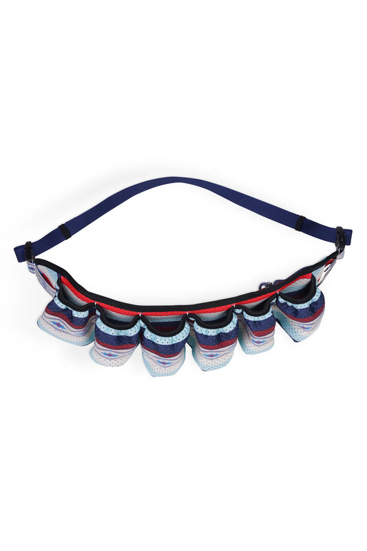 The Kavu Beer Buddy by Kavu is a blue adjustable belt with colorful, padded, insulated beer carrier pouches featuring zipper closures attached along its length.