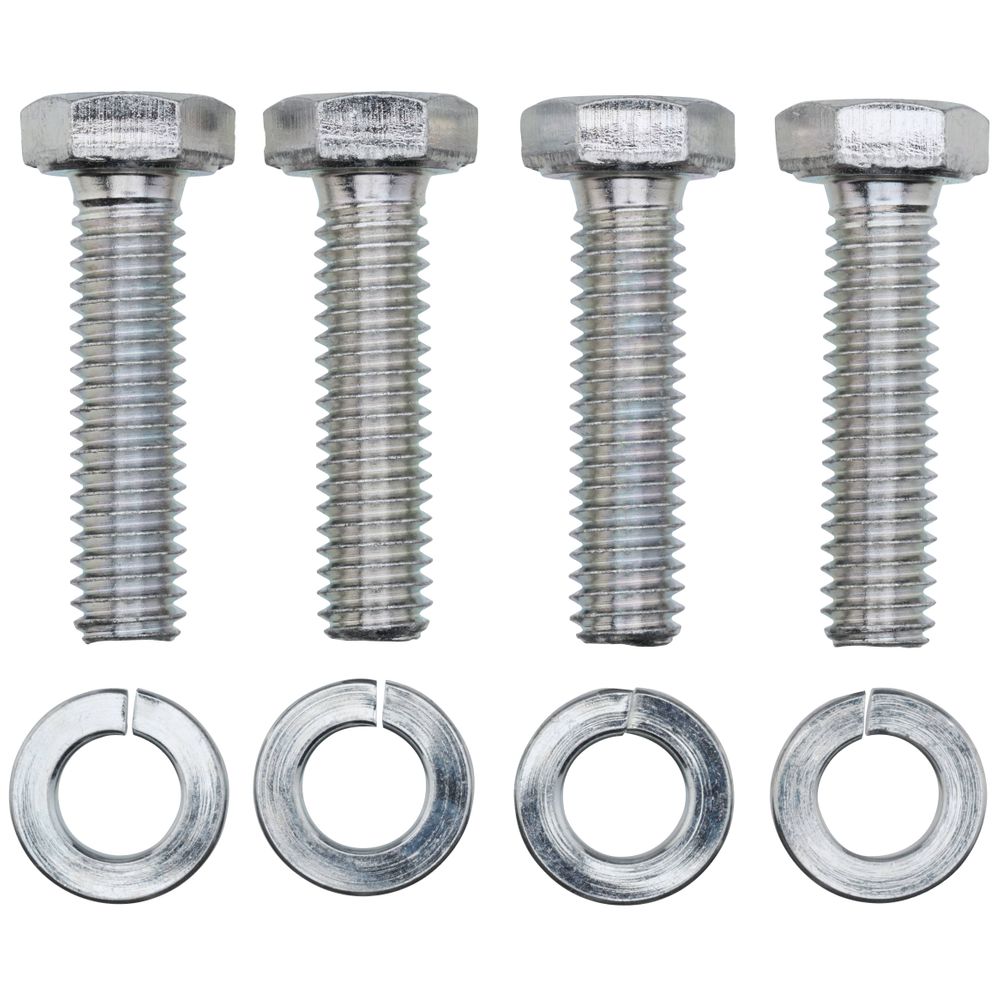 Four vertically aligned silver bolts with hexagonal heads, each paired with a matching washer, ideal for securing your NRS Low Back Padded Raft Seat or any Universal Seat Mount. Perfect as reliable mounting hardware for various seating setups.