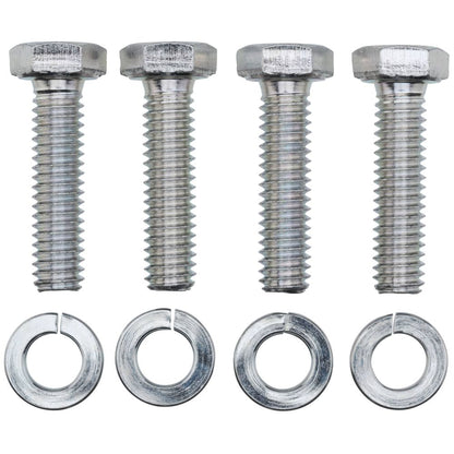 Four vertically aligned silver bolts with hexagonal heads, each paired with a matching washer, ideal for securing your NRS Low Back Padded Raft Seat or any Universal Seat Mount. Perfect as reliable mounting hardware for various seating setups.