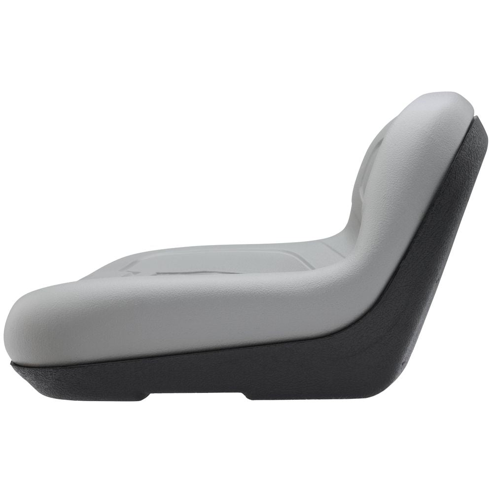 Side view of a gray NRS Low Back Padded Raft Seat on a black base with universal mount, angled slightly upward.