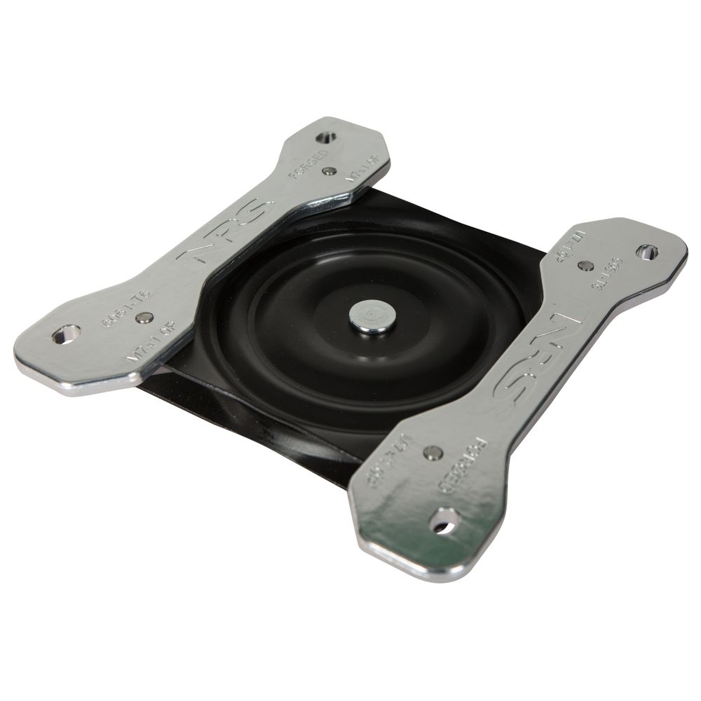 The NRS Swivel Plate for Raft Seats includes a metallic swivel plate and a round black base. It offers secure installation with four corner mounting holes, perfect for use as a seat base.