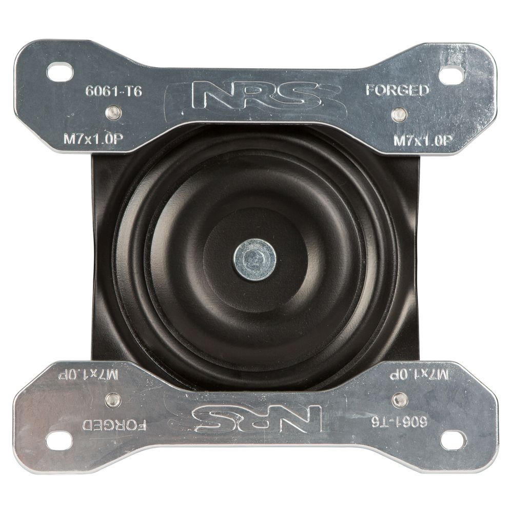 Close-up of a metal and black rubber vibration isolator with mounting brackets, featuring the NRS Swivel Plate for Raft Seats. The engraved specifications enhance its precision and functionality.