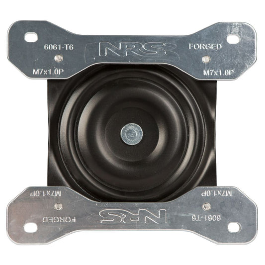 Close-up of a metal and black rubber vibration isolator with mounting brackets, featuring the NRS Swivel Plate for Raft Seats. The engraved specifications enhance its precision and functionality.