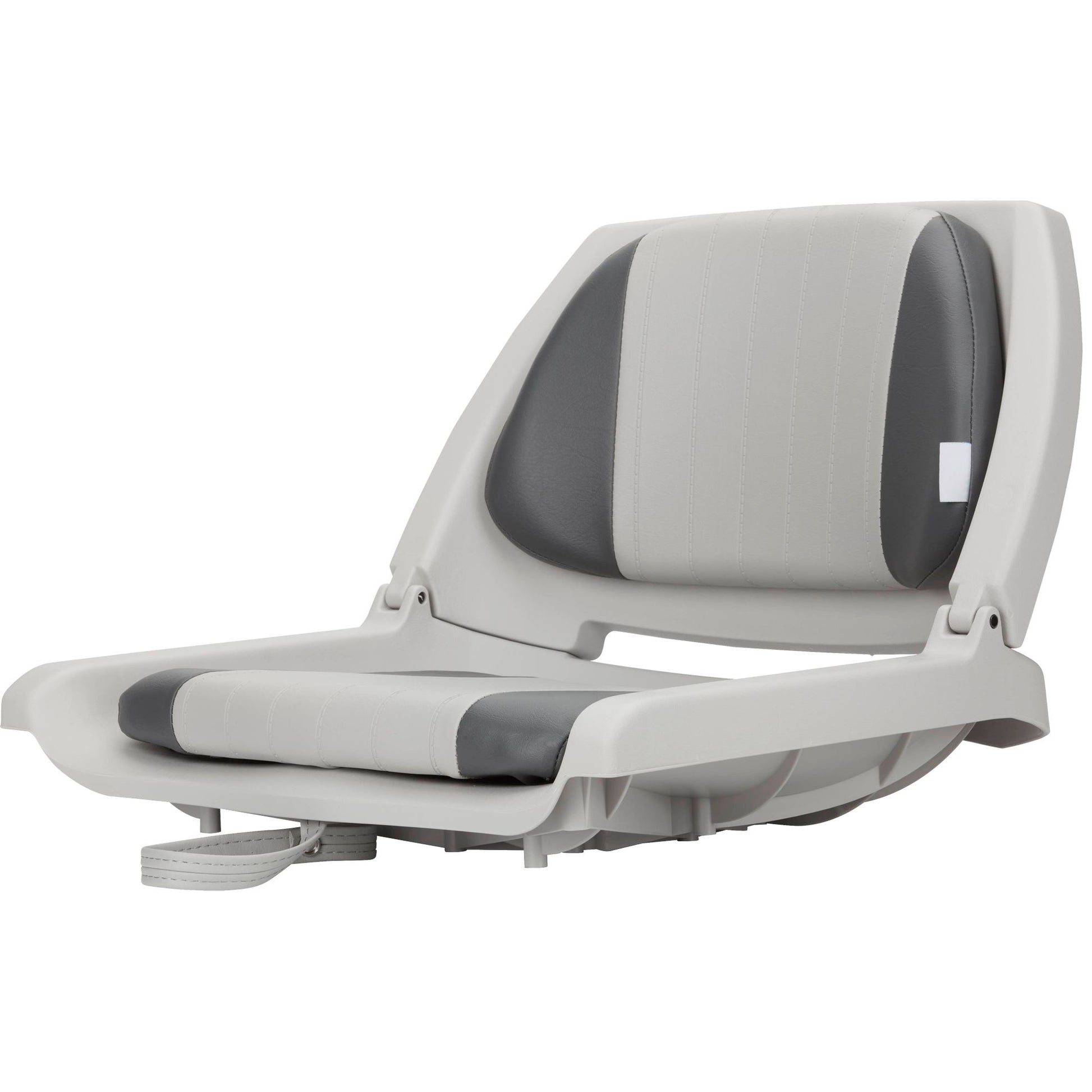 The NRS Folding Raft Seat features gray and light gray marine-grade vinyl, a cushioned backrest, and padded fold-down design—ideal for outdoor or marine use as a durable fishing raft seat.