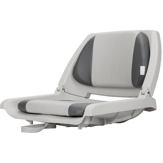 The NRS Folding Raft Seat features gray and light gray marine-grade vinyl, a cushioned backrest, and padded fold-down design—ideal for outdoor or marine use as a durable fishing raft seat.