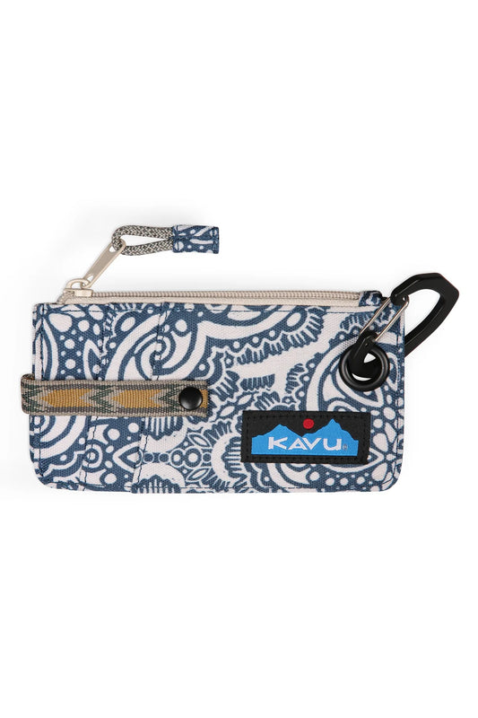 The Kavu Clipper Card Case is a small zippered pouch with a blue and white paisley pattern, webbing strap, and metal carabiner clip—ideal for everyday use as a wallet or card holder.