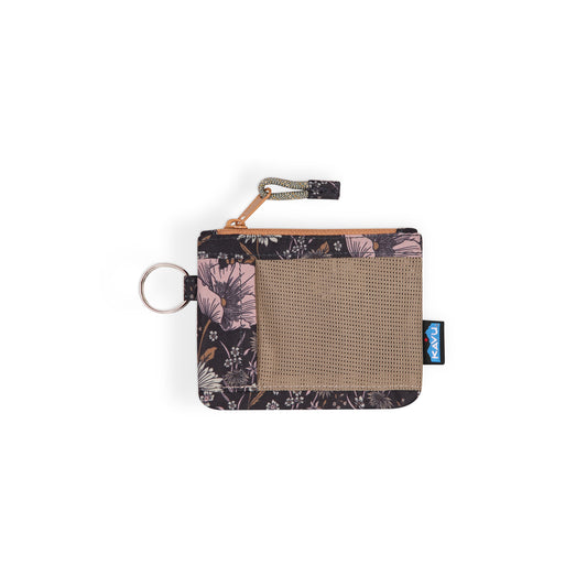 The Kavu Caskstash Wallet is a square coin pouch with a floral pattern, tan mesh front pocket, key ring, zipper closure, durable polyester taslan fabric, and a blue Kavu tag on the side.