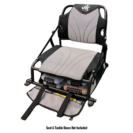 A black and gray boat seat with an EZ High Low Seat and a storage compartment for a Jackson Kayak Under Seat Utility Bag.