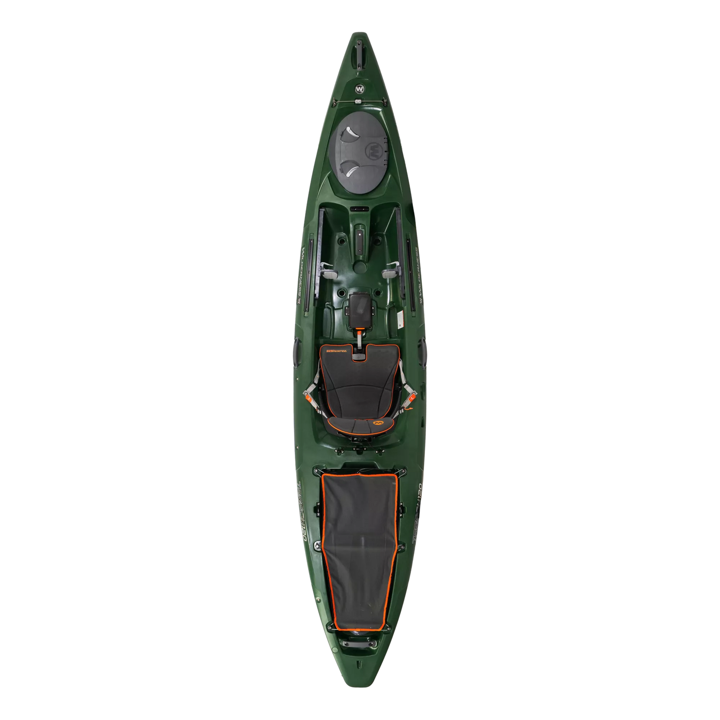Top view of a green Wilderness Systems Tarpon 105 & 120 kayak, featuring a black seat, storage compartment, and paddle holder against a black background, recognized for its outstanding on-water performance.