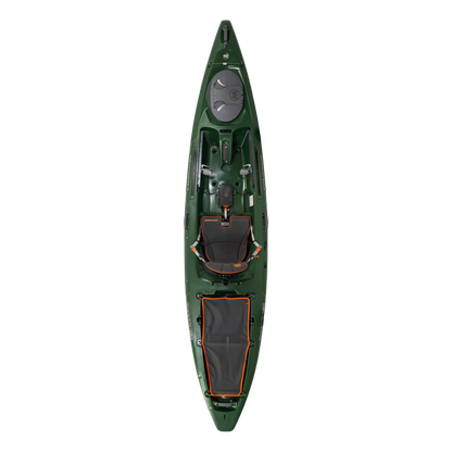Top view of a green Wilderness Systems Tarpon 105 & 120 kayak, featuring a black seat, storage compartment, and paddle holder against a black background, recognized for its outstanding on-water performance.