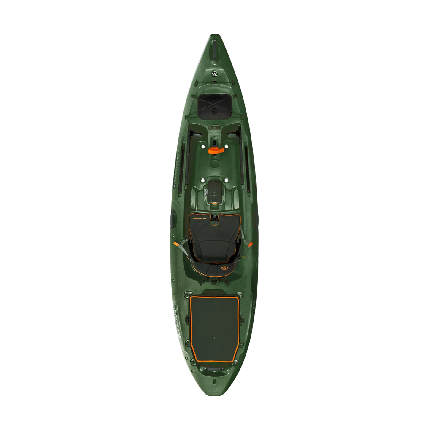 Top view of a green Wilderness Systems Tarpon 105 & 120 sit-on-top fishing kayak, featuring a seat, storage areas, and orange accents on a white background.