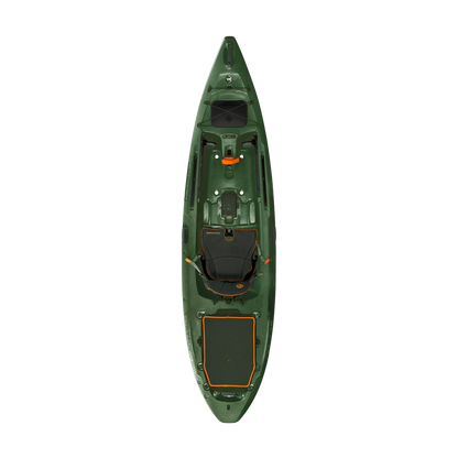 Top view of a green Wilderness Systems Tarpon 105 & 120 sit-on-top fishing kayak, featuring a seat, storage areas, and orange accents on a white background.