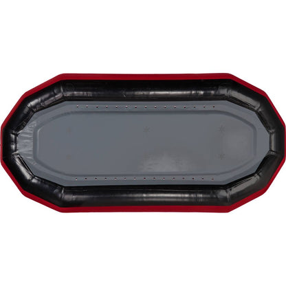 Aerial view of an empty, rectangular STAR Outlaw Rafts inflatable bumper pool arena by NRS, featuring a black and red design with a durable grey PVC base.