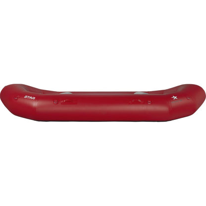 A side-view of the NRS STAR Outlaw inflatable raft in red shows its sleek design with slightly raised ends and side handles. As an affordable option, it boasts a self-bailing feature for comfort and safety on your adventure.