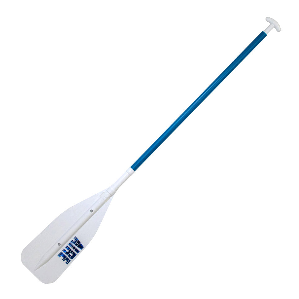 The AIRE Raft / Canoe Paddle features a blue and white plastic blade, a T-shaped handle, and a strong aluminum shaft, ideal for small boats or canoes.