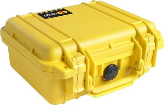 The Pelican 1200 Case is a yellow hard plastic waterproof case with a handle and secure latches, designed for storing and transporting sensitive equipment.
