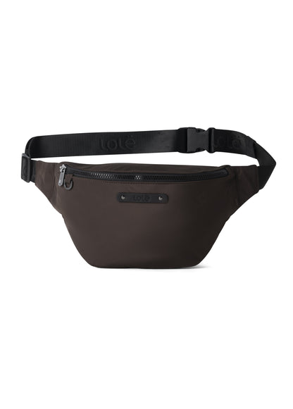The Lole Taylor Belt Bag features a black design, zippered main compartment, adjustable strap, small front logo patch, and a convenient extra zippered pocket.