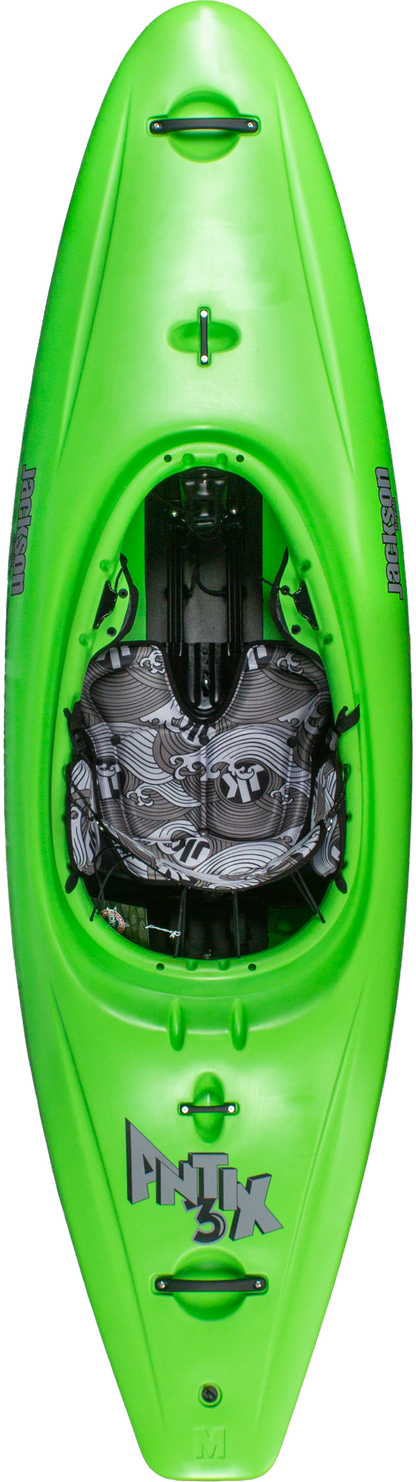 Bright green Jackson Kayak Antix 3.0 half slice kayak viewed from above, showcasing the cockpit, seat, and handles—a versatile whitewater kayak ideal for adventurous paddlers.