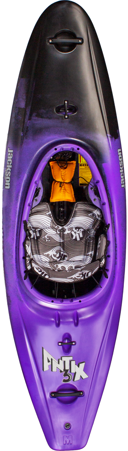 A top-down view of the Jackson Kayak Antix 3.0 whitewater kayak in purple and black, featuring a patterned seat and visible footrests inside.