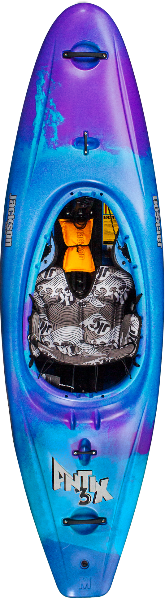 A top-down view of the Jackson Kayak Antix 3.0, a blue and purple whitewater kayak featuring a patterned cockpit seat and footrests.